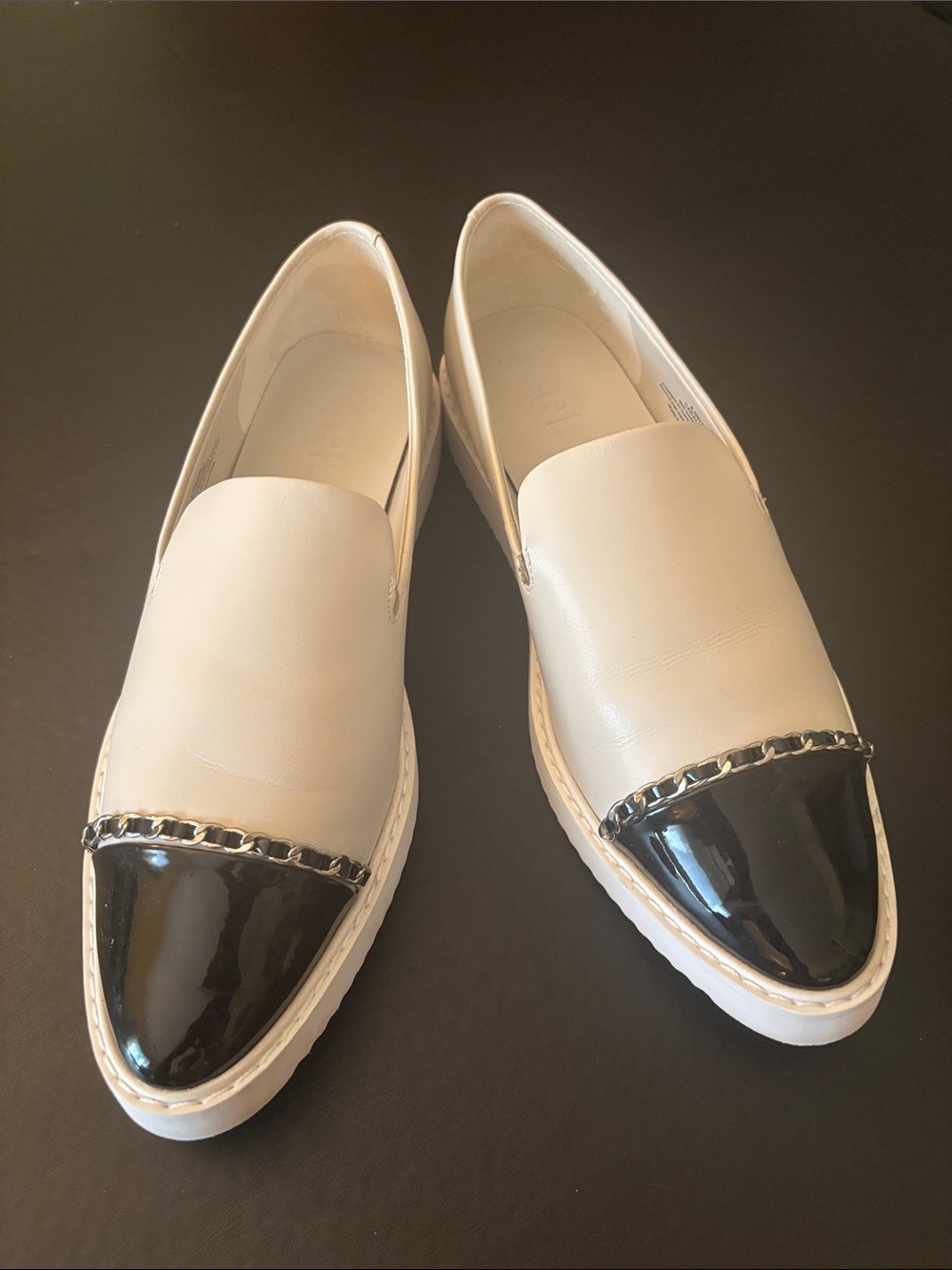 KARL LAGERFELD | Women’s Two-Tone Slip-On Loafers in Cream and Black, size 8.5